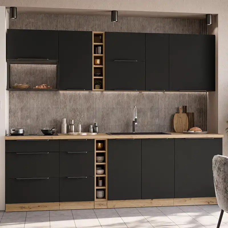Bezpečná Platba Kuchyňská linka ARIA ac 255 cm UNI dvířka artisan/černá