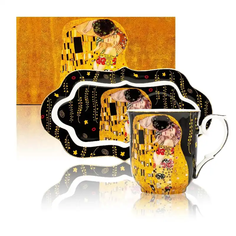 Akční Cena Hrnek 360 ml s podtáckem, Klimt Polibek tmavý Home Elements