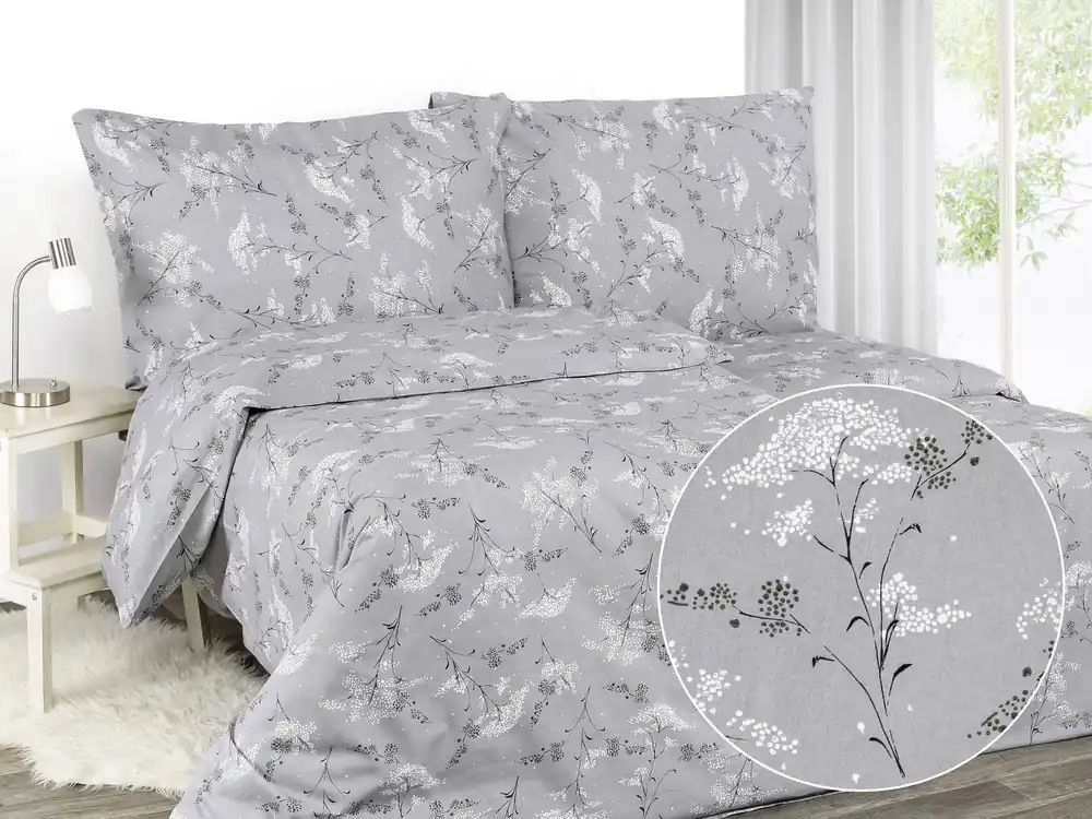 Novinka Povlečení saténové, šedé Bílé květiny Dreamy Linens
