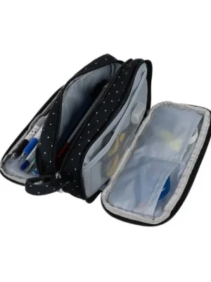 Zlevněný Trojité pouzdro na tužky penál, Pencil Case, černé s tečkami