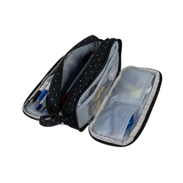 Zlevněný Trojité pouzdro na tužky penál, Pencil Case, černé s tečkami