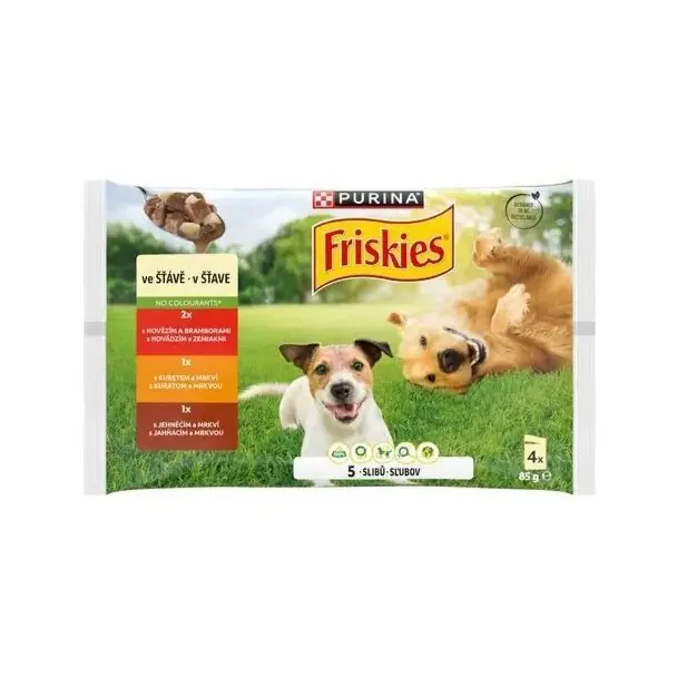 Friskies Dog Adult Multipack hovězí, kuřecí, jehněčí v šťávě 4 x 85 g Cenově Výhodný