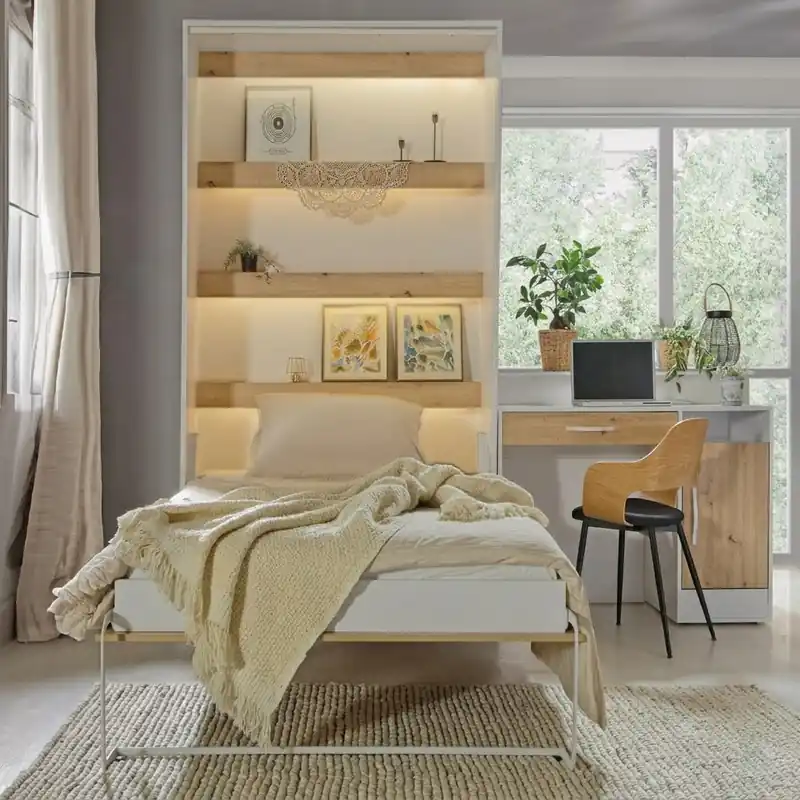 Expresní Doručení Postel Prestige New Pion sklopná 120 cm, vertikální, skříň a rošt, bílá/dub artisan/úchyt bílá