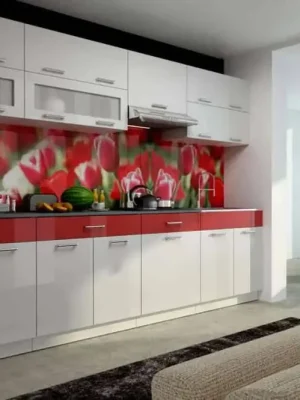 Kuchyňská linka Karen 300 bílý lesk/červený pás Oblíbený