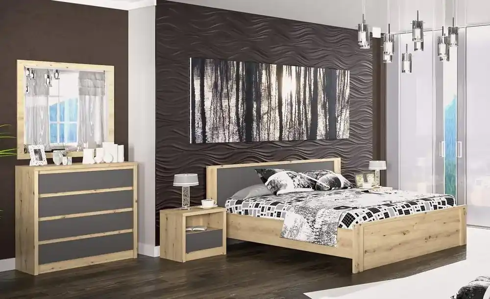 Akční Cena Sestava do ložnice DOMINIKA dub artisan/šedý (postel 160, 2x NS, komoda 4S)