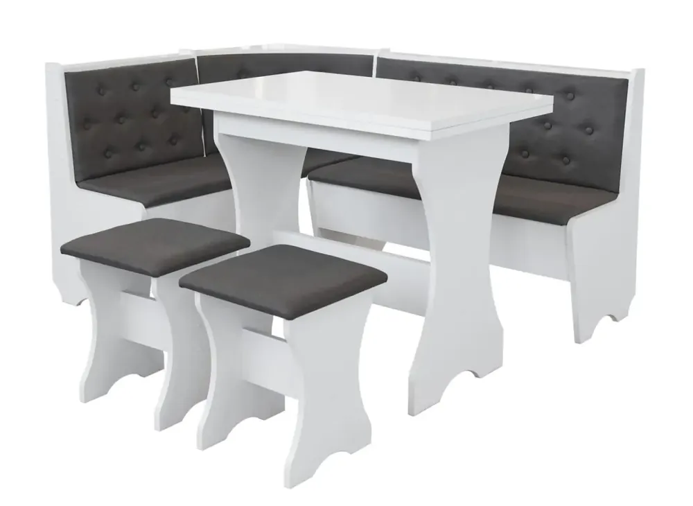 Jídelní rohový SET CORNER bílá/šedá látka Finální Výprodej