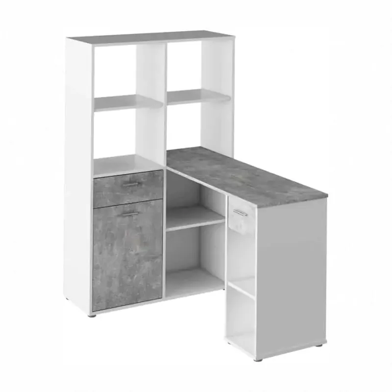 Cenová Bomba Rohový PC stůl MINESON s regálem - bílá/beton - II.jakost