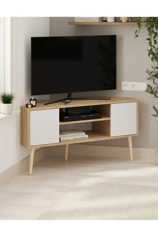 Rohový TV stolek KIBRIS - bílá/dub safírový Cenová Bomba